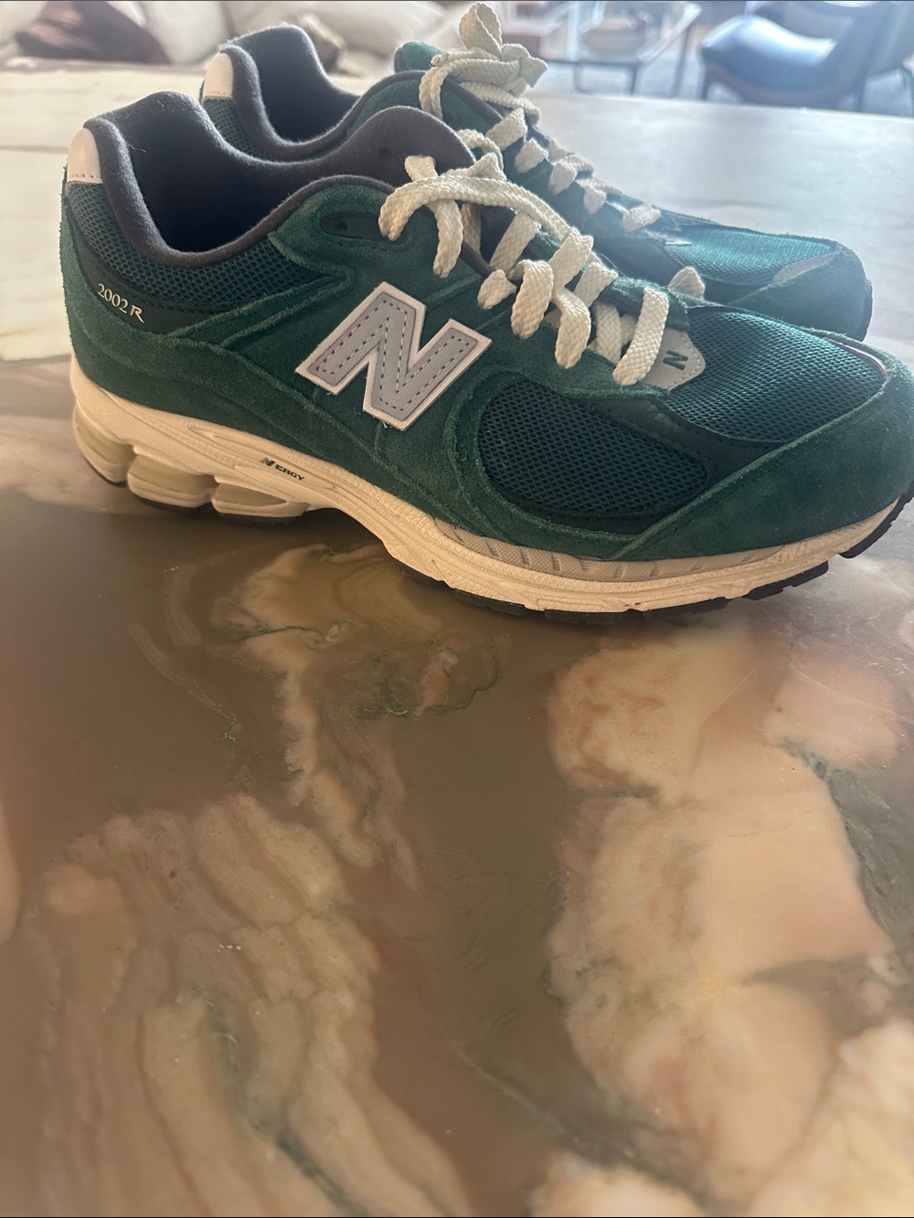 New Balance Green and White Mesh Suede Sneakers